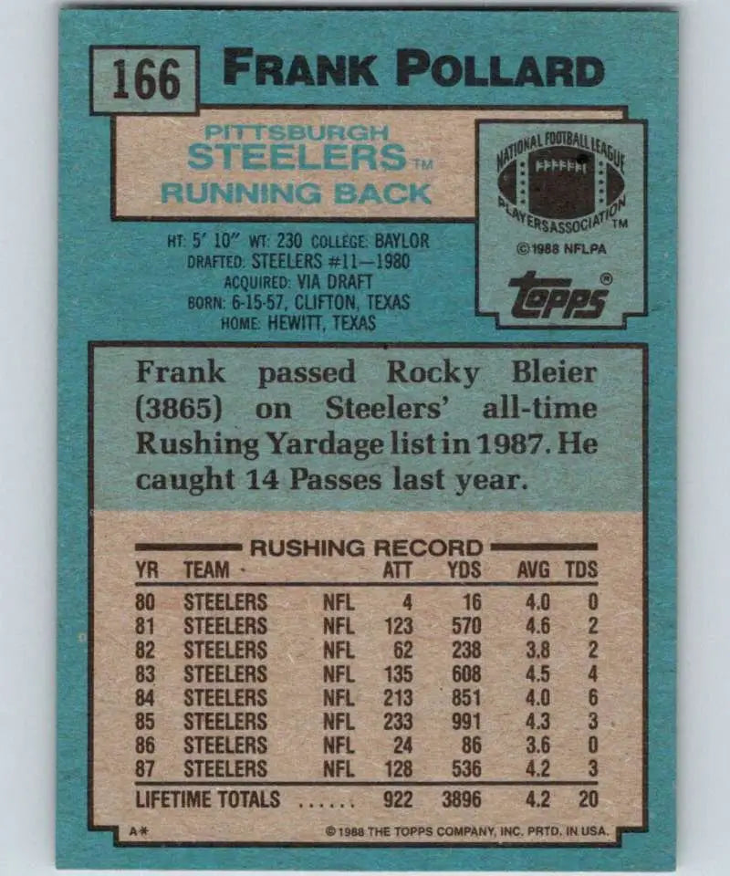 1988 Topps #166 Frank Pollard EX Excellent Pittsburgh Steelers Football Card - Football Card Single