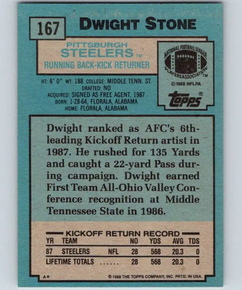 1988 Topps #167 Dwight Stone EX Excellent RC Rookie Pittsburgh Steelers Football Card - Football Card Single