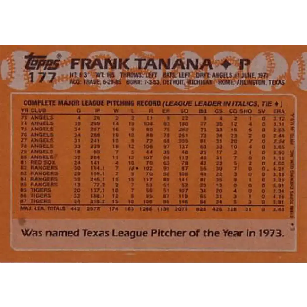 1988 Topps #177 Frank Tanana NM-MT Detroit Tigers Baseball Card - Baseball Card Single