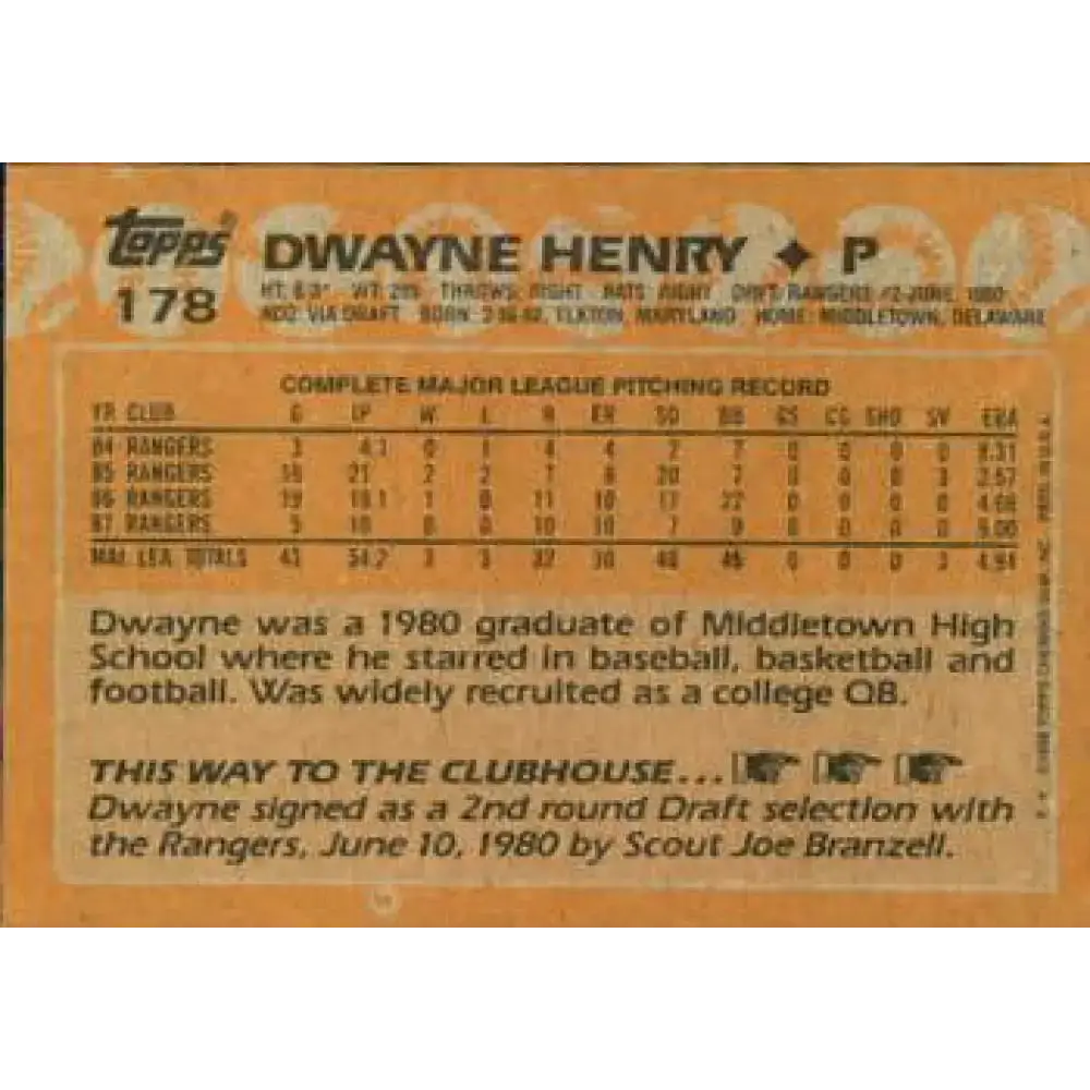 1988 Topps #178 Dwayne Henry NM-MT Texas Rangers Baseball Card - Baseball Card Single