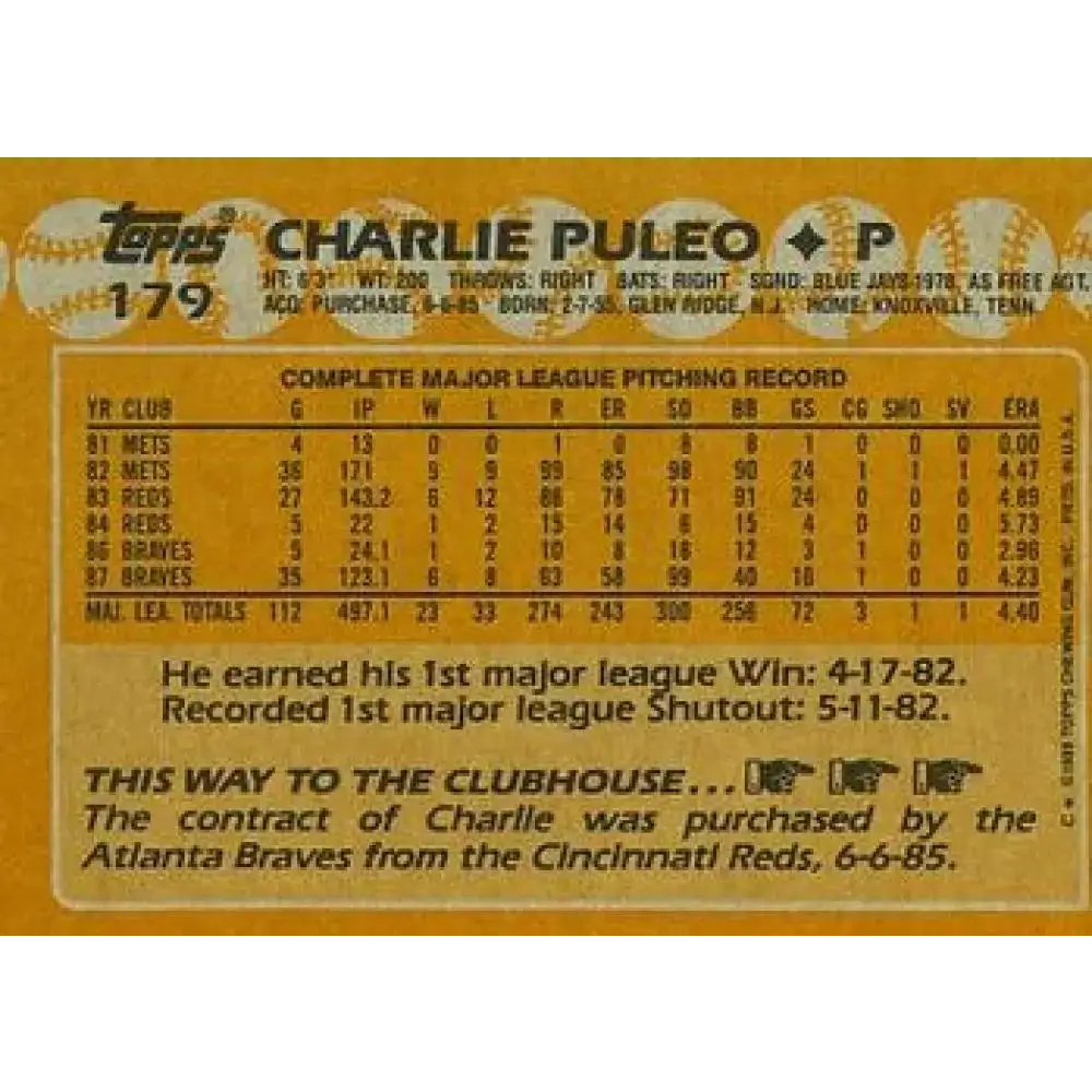 1988 Topps #179 Charlie Puleo NM-MT Atlanta Braves Baseball Card - Baseball Card Single