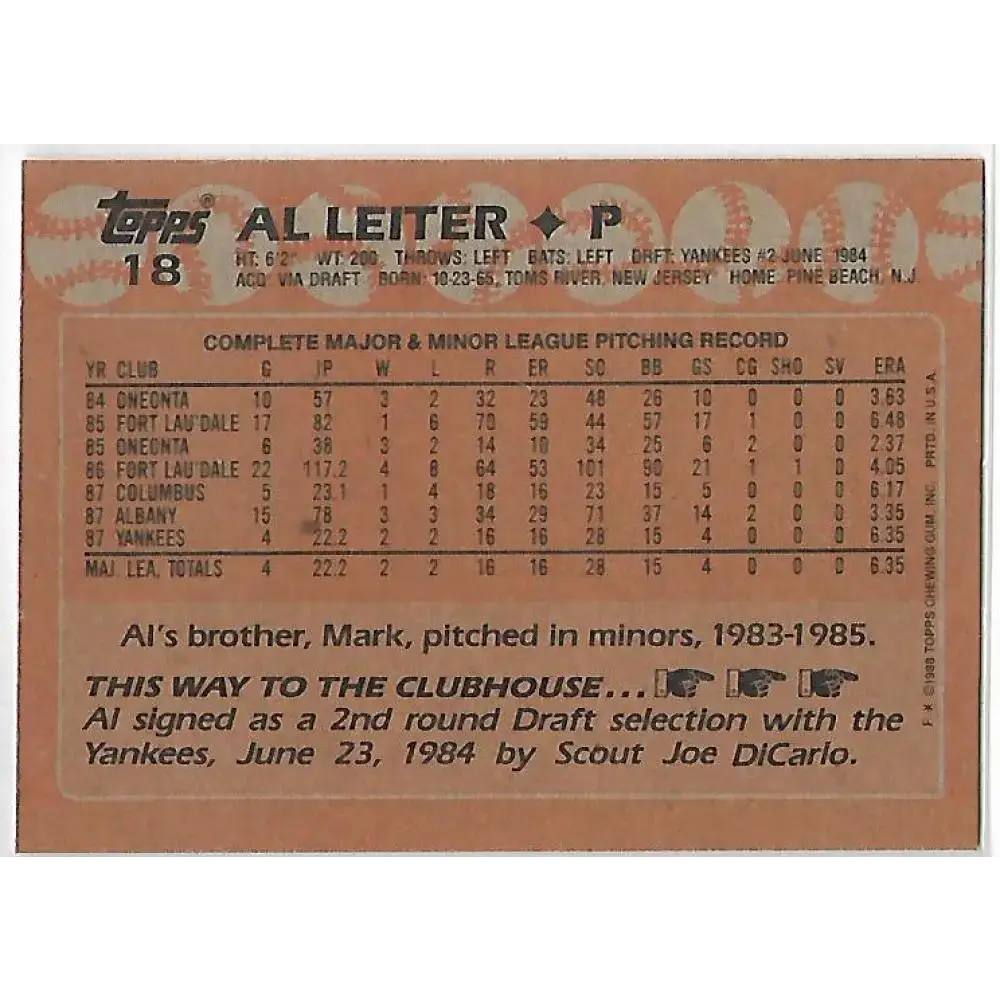 1988 Topps #18 Al Leiter NM-MT RC Rookie Baseball Card - Baseball Card Single