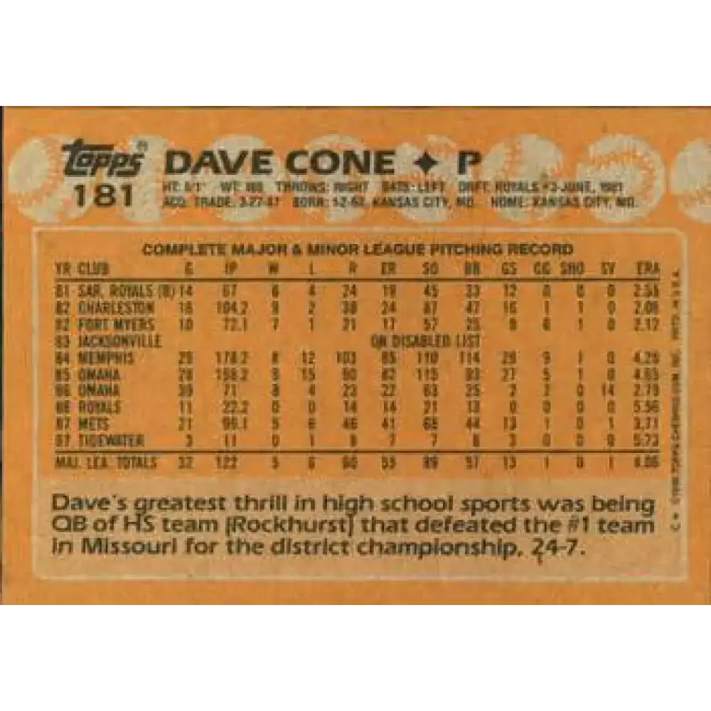 1988 Topps #181 David Cone NM-MT New York Mets Baseball Card - Baseball Card Single