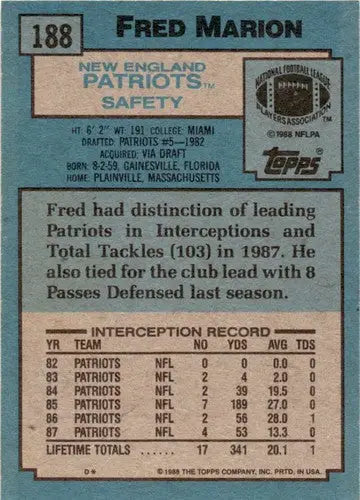 Original gloss on Fred Marion football card back from 1988 Topps #188 simply sandoval