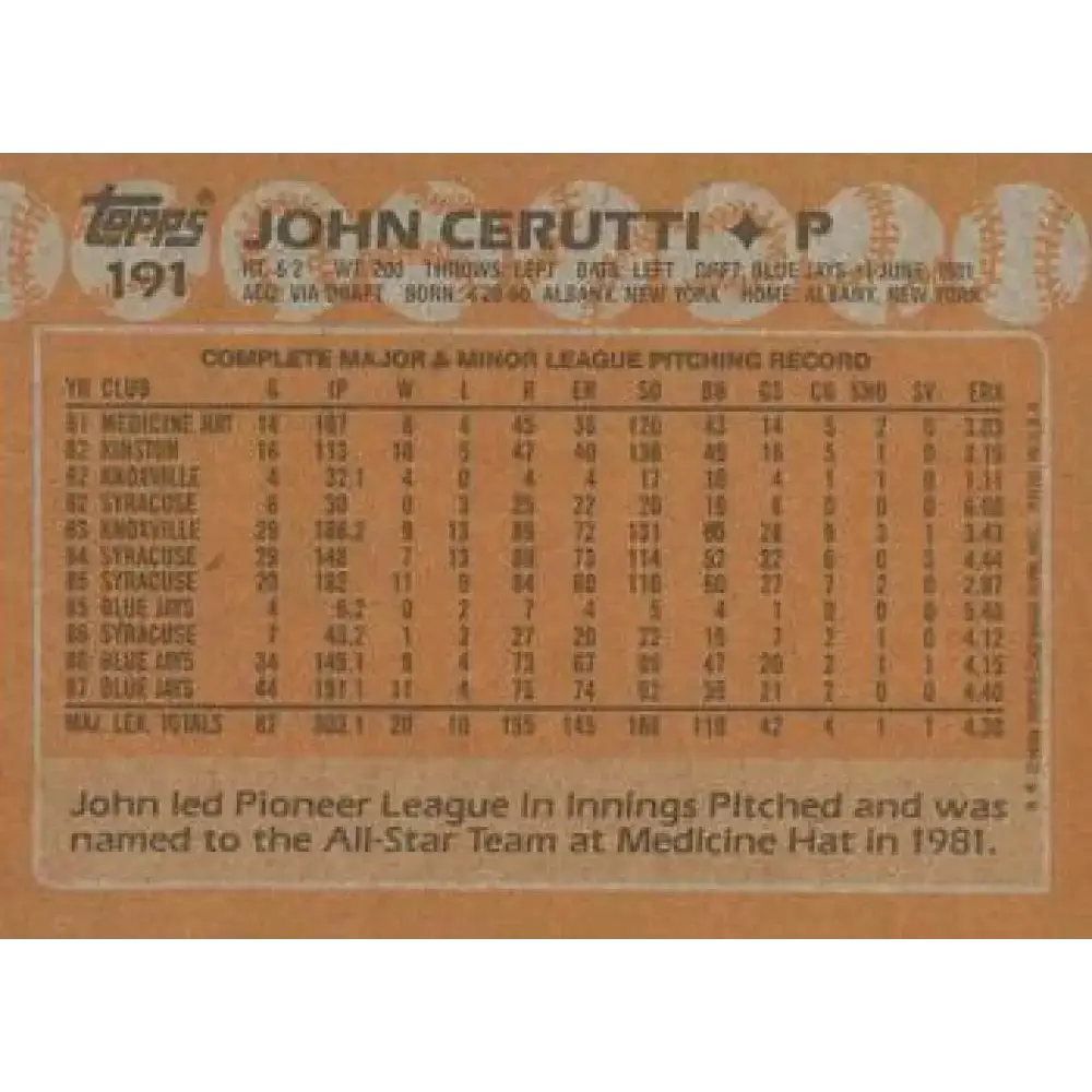 1988 Topps #191 John Cerutti NM-MT Toronto Blue Jays Baseball Card - Baseball Card Single