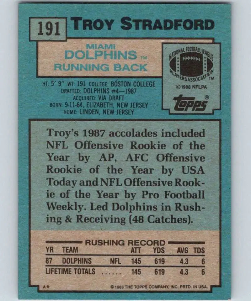 1988 Topps #191 Troy Stradford EX Excellent RC Rookie Miami Dolphins Football Card - Football Card Single