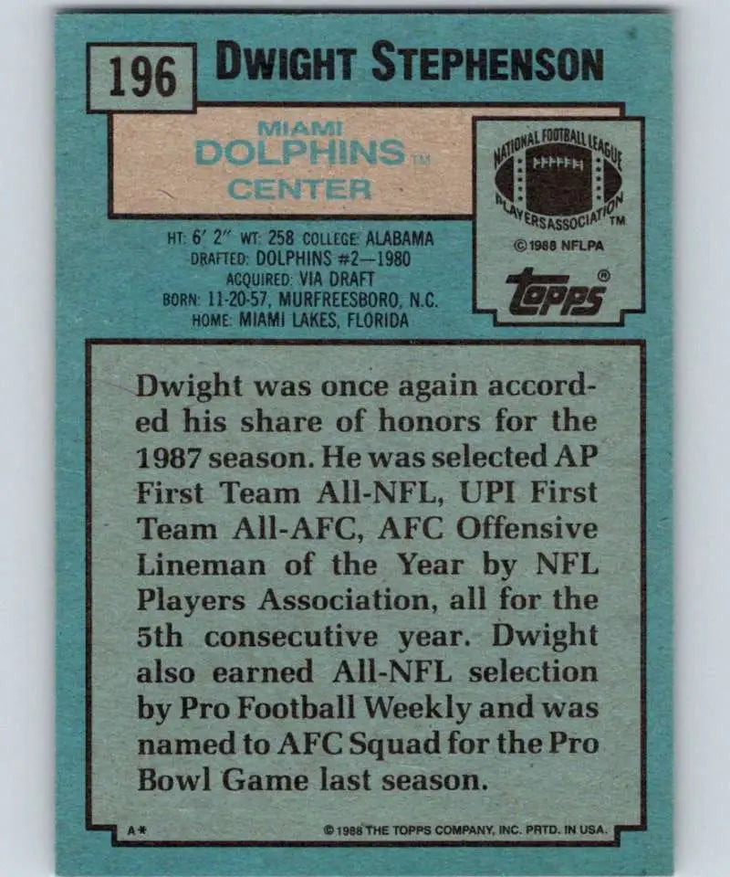 1988 Topps #196 Dwight Stephenson EX Excellent Miami Dolphins Football Card - Football Card Single