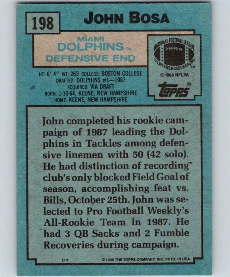 1988 Topps #198 John Bosa EX Excellent RC Rookie Miami Dolphins Football Card - Football Card Single