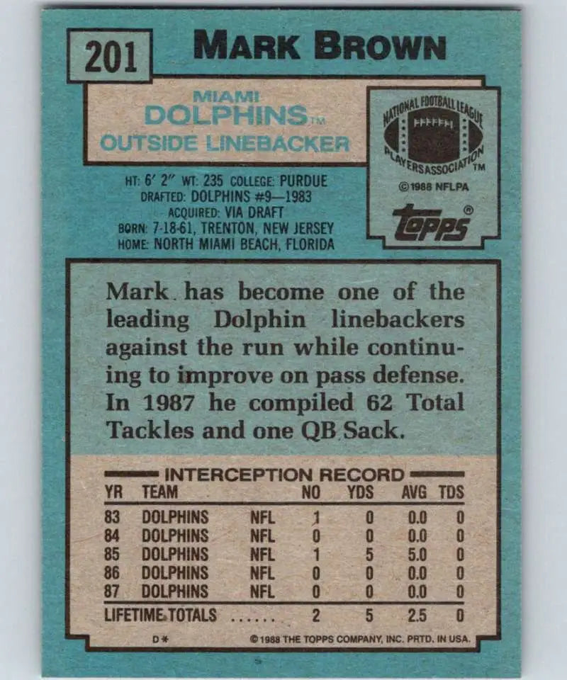 1988 Topps #201 Mark Brown EX Excellent Miami Dolphins Football Card - Football Card Single