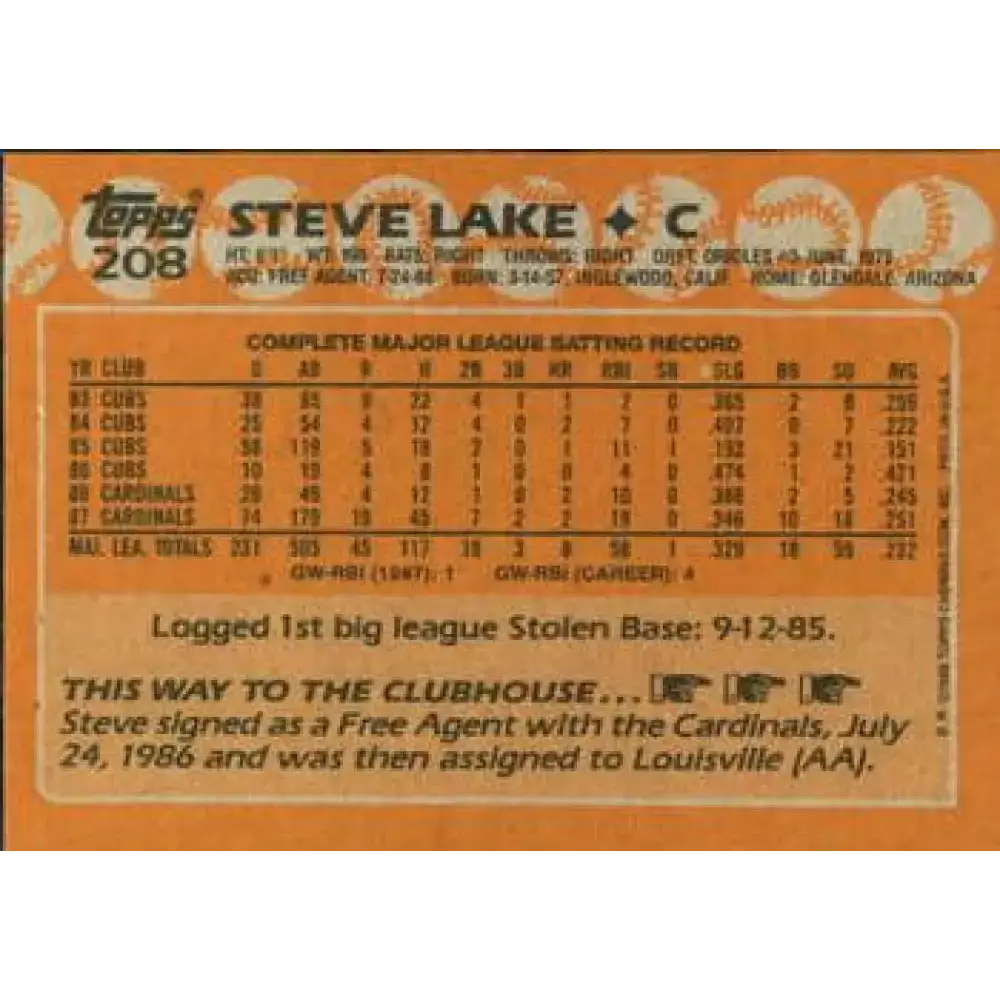 1988 Topps #208 Steve Lake NM-MT St. Louis Cardinals Baseball Card - Baseball Card Single