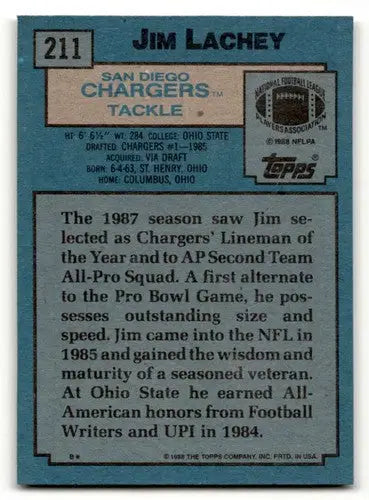 1988 Topps #211 Jim Lachey San Diego Chargers Football Cards EX/NM ID:62545 - Trading Cards