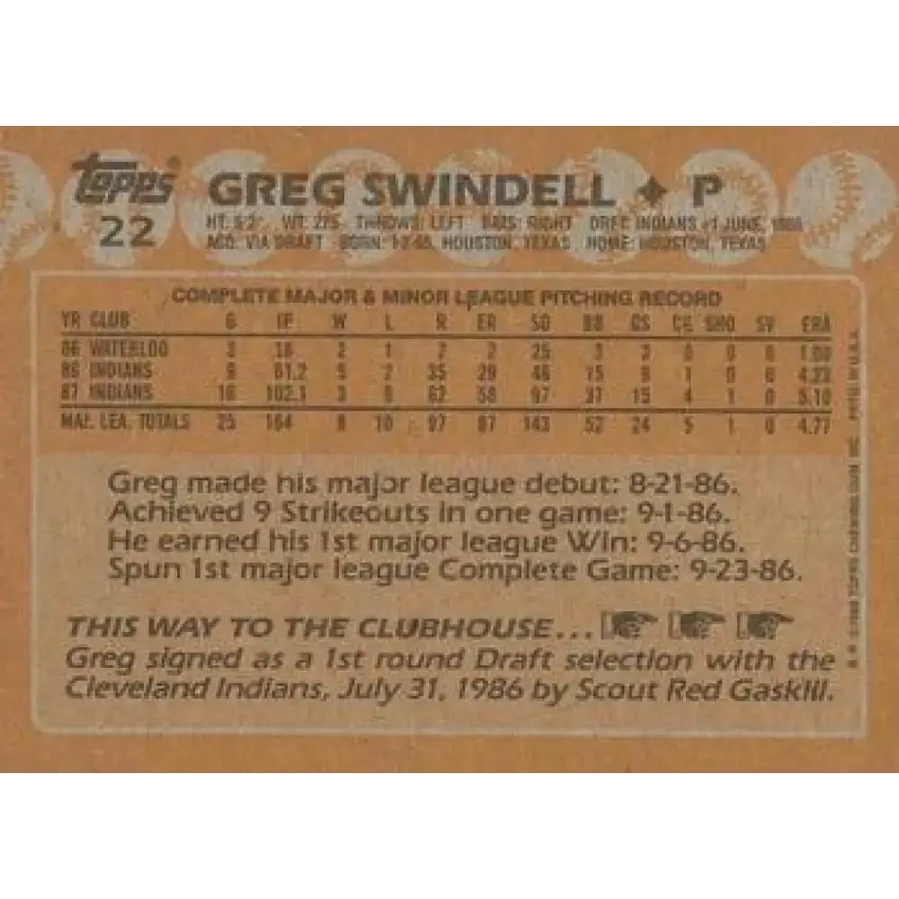 1988 Topps #22 Greg Swindell NM-MT Cleveland Indians Baseball Card - Baseball Card Single