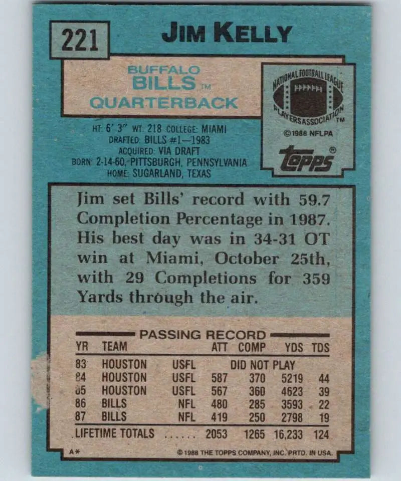1988 Topps #221 Jim Kelly EX Excellent Buffalo Bills Football Card - Football Card Single
