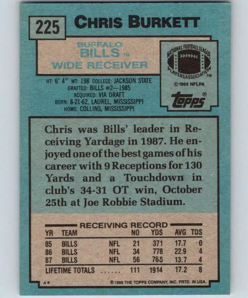 1988 Topps #225 Chris Burkett EX Excellent RC Rookie Buffalo Bills Football Card - Football Card Single