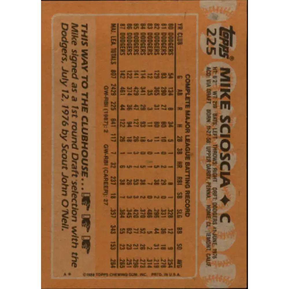 1988 Topps #225 Mike Scioscia NM-MT Los Angeles Dodgers Baseball Card - Baseball Card Single