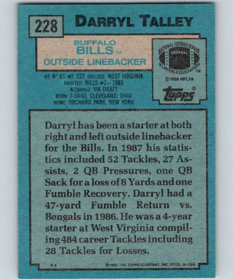 1988 Topps #228 Darryl Talley EX Excellent Buffalo Bills Football Card - Football Card Single