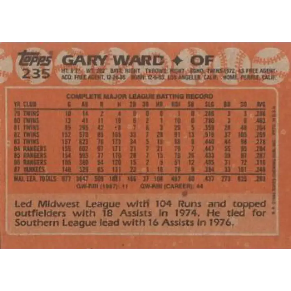 1988 Topps #235 Gary Ward NM-MT New York Yankees Baseball Card - Baseball Card Single