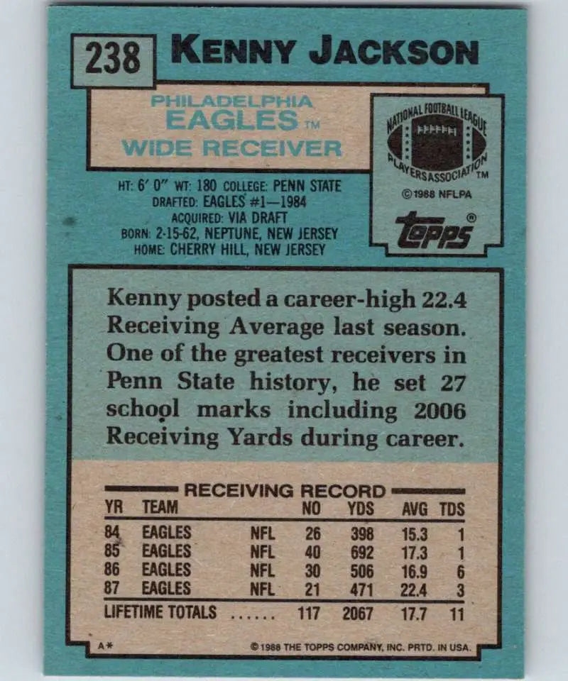 1988 Topps #238 Kenny Jackson EX Excellent Philadelphia Eagles Football Card - Football Card Single