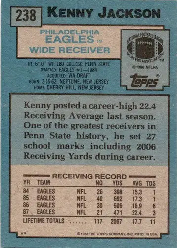 Original gloss of Kenny Jackson football card back from 1988 Topps #238 Simply Sandoval