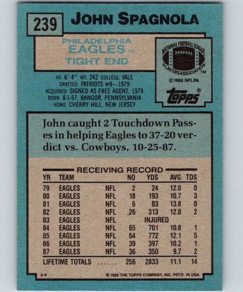 1988 Topps #239 John Spagnola EX Excellent Philadelphia Eagles Football Card - Football Card Single