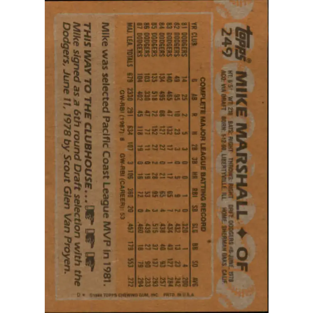 1988 Topps #249 Mike Marshall NM-MT Los Angeles Dodgers Baseball Card - Baseball Card Single