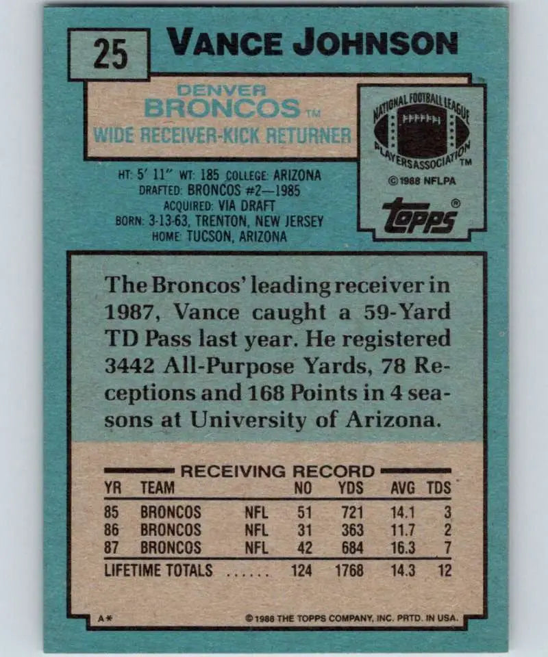1988 Topps #25 Vance Johnson EX Excellent Denver Broncos Football Card - Football Card Single
