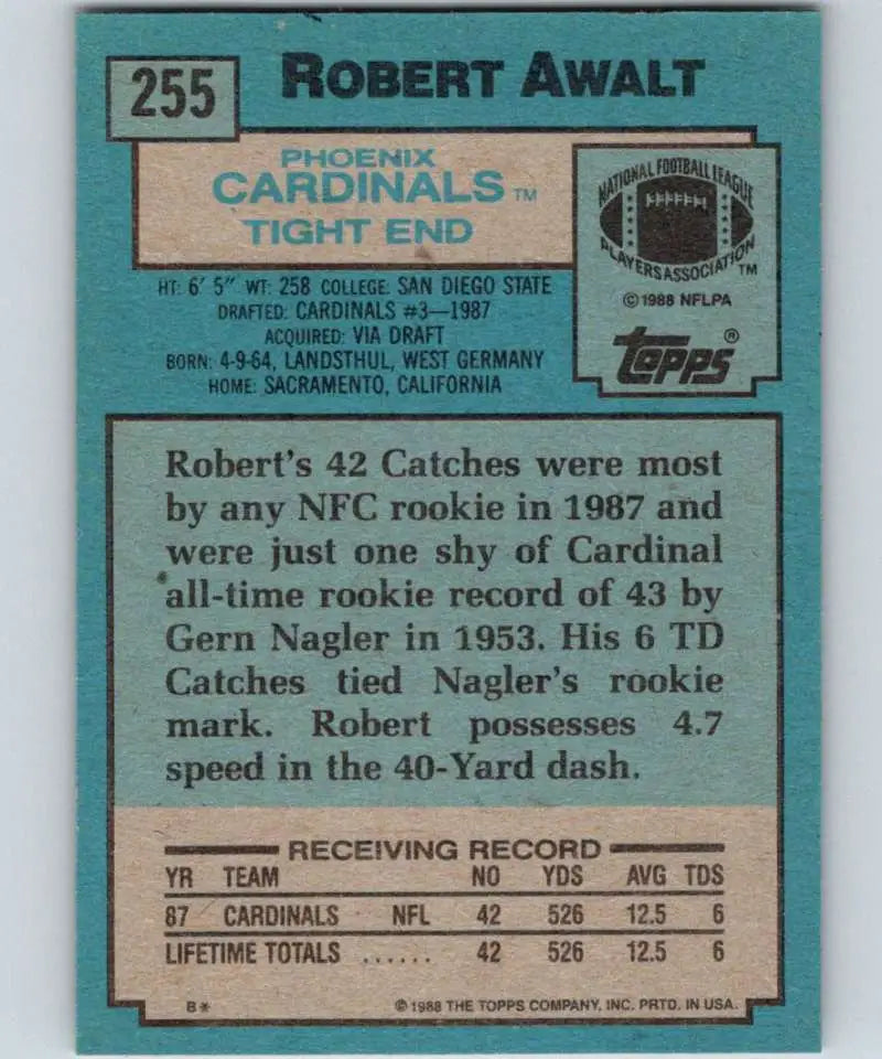 1988 Topps #255 Robert Awalt EX Excellent RC Rookie Phoenix Cardinals Football Card - Football Card Single