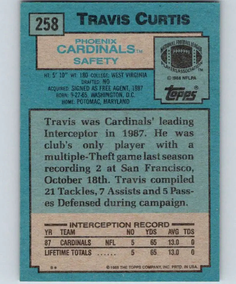 1988 Topps #258 Travis Curtis EX Excellent Phoenix Cardinals Football Card - Football Card Single