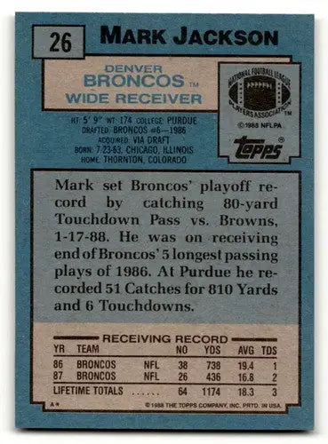 Vintage Mark Jackson Denver football card from 1988 Topps, excellent condition