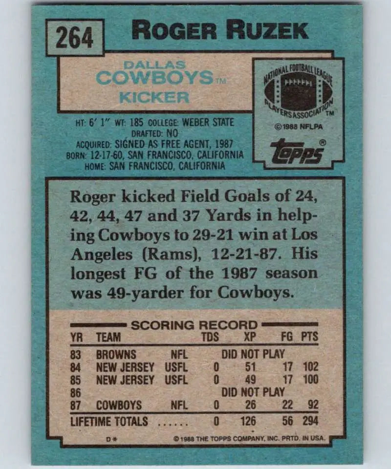 1988 Topps #264 Roger Ruzek EX Excellent RC Rookie Dallas Cowboys Football Card - Football Card Single