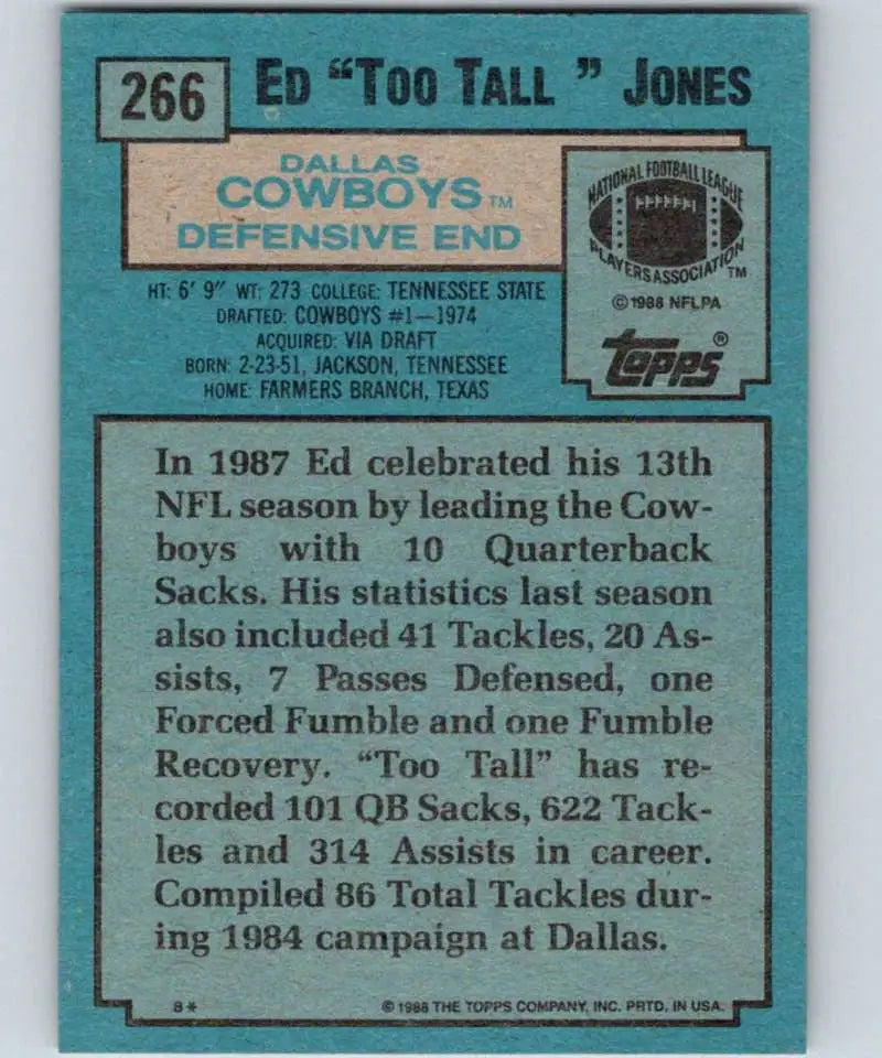 1988 Topps #266 Ed Too Tall Jones EX Excellent Dallas Cowboys Football Card - Football Card Single