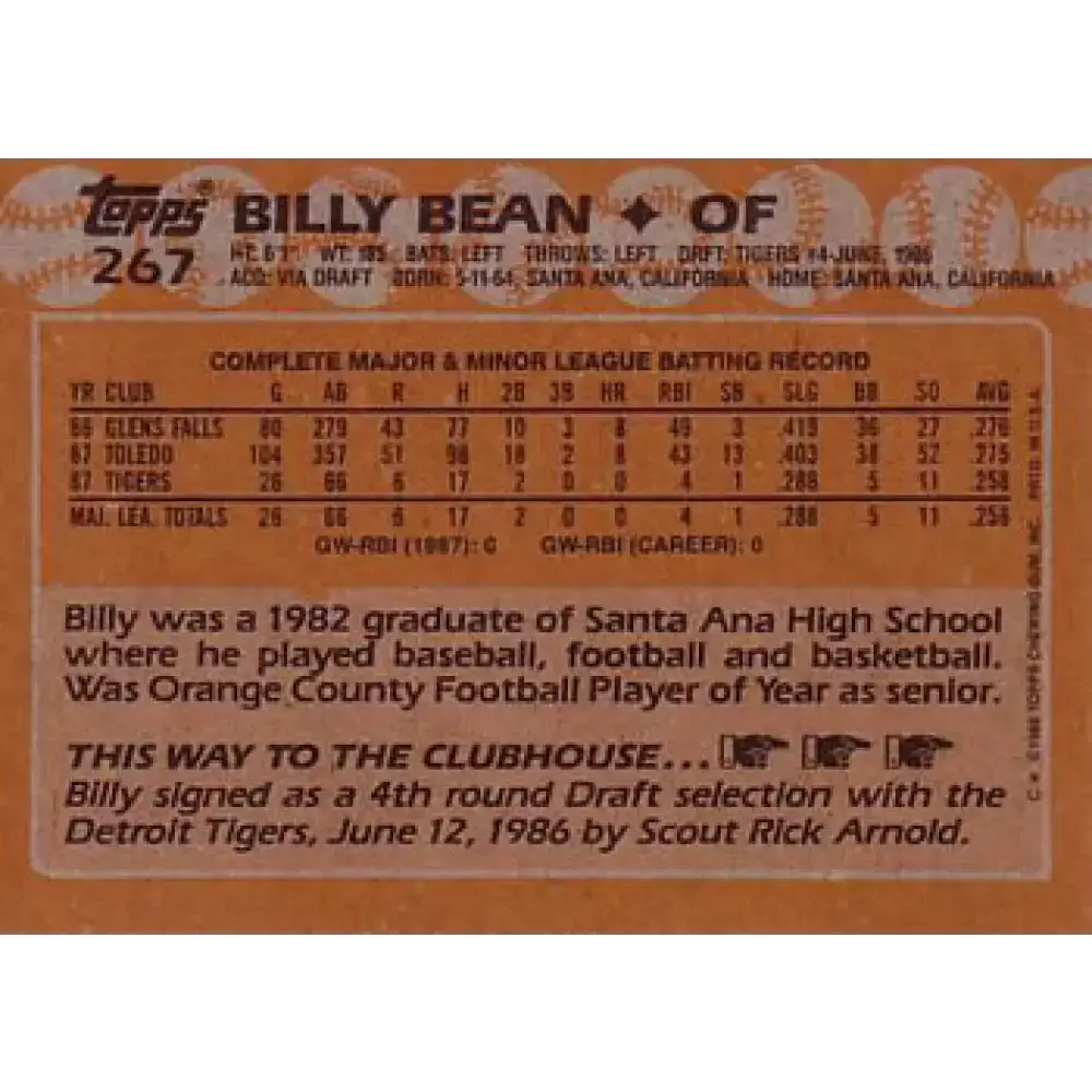 1988 Topps #267 Billy Bean NM-MT RC Rookie Detroit Tigers Baseball Card - Baseball Card Single