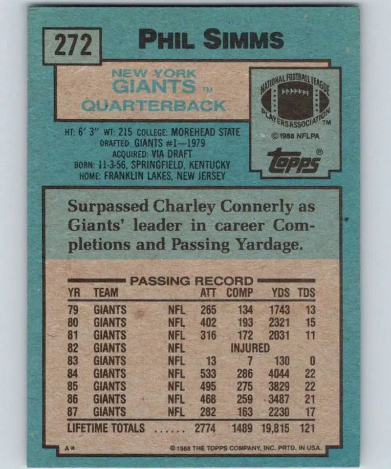 1988 Topps #272 Phil Simms EX Excellent New York Giants Football Card - Football Card Single