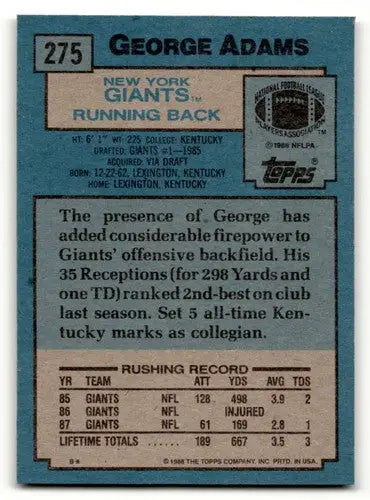Original gloss George Adams Giants football card from 1988 Topps #275