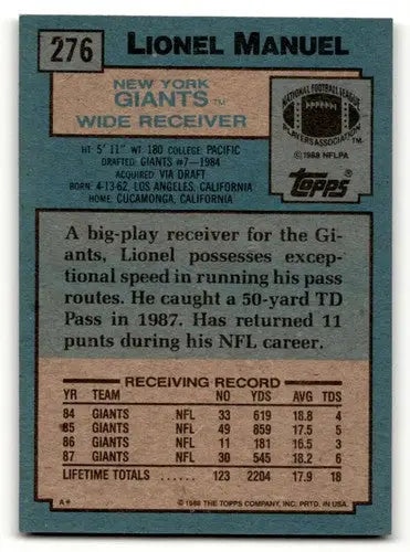 Original gloss Lionel Manuel football card from 1988 Topps Giants football cards collection