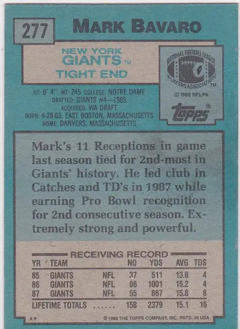 Football trading card of Mark Bavaro from the New York Giants with 1988 Topps design