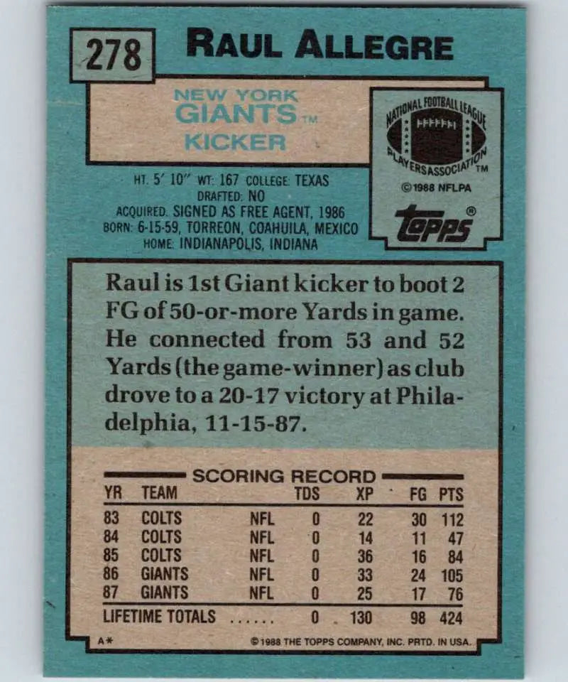 1988 Topps #278 Raul Allegre EX Excellent New York Giants Football Card - Football Card Single