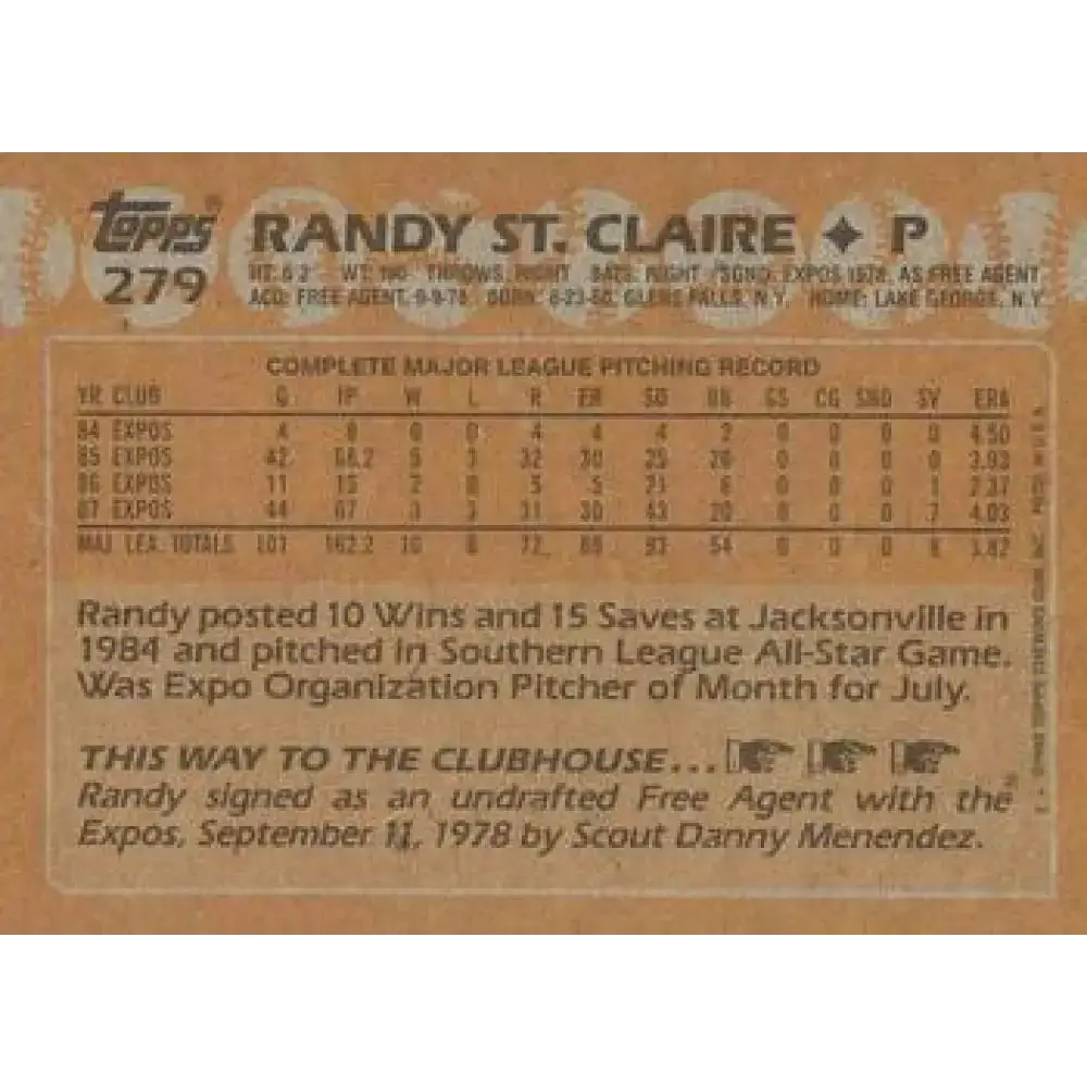 1988 Topps #279 Randy St. Claire NM-MT Montreal Expos Baseball Card - Baseball Card Single