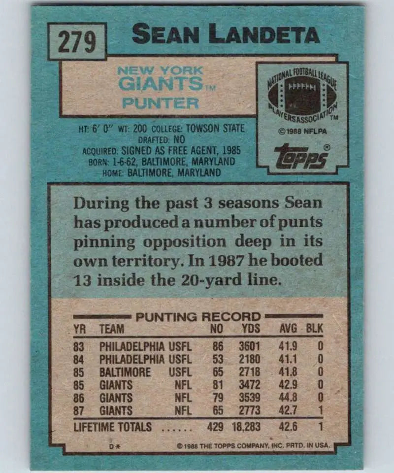 1988 Topps #279 Sean Landeta EX Excellent New York Giants Football Card - Football Card Single
