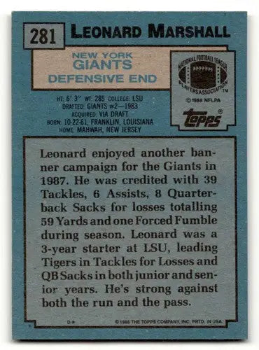 Leonard Marshall Giants football card with original gloss from 1988 Topps #281