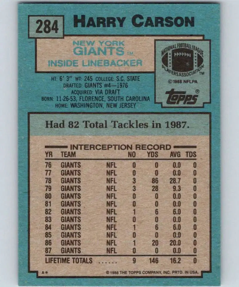 1988 Topps #284 Harry Carson EX Excellent New York Giants Football Card - Football Card Single