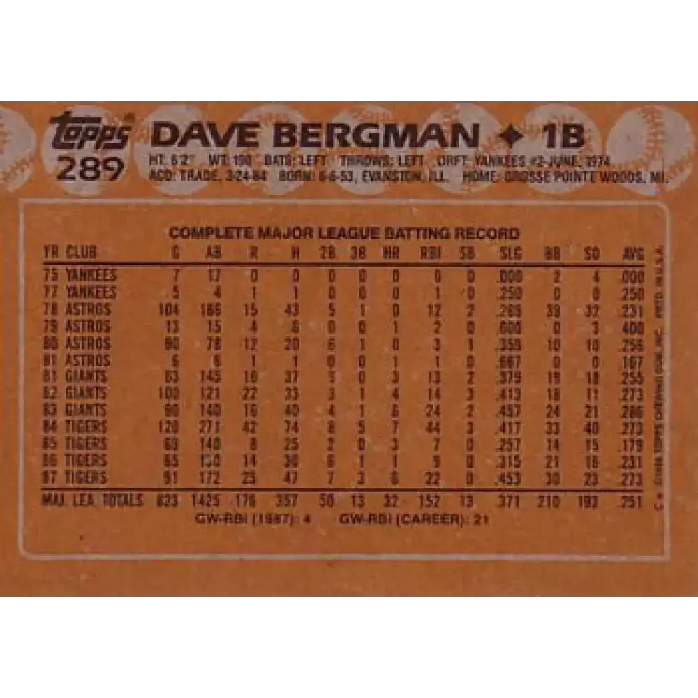 1988 Topps #289 Dave Bergman NM-MT Detroit Tigers Baseball Card - Baseball Card Single