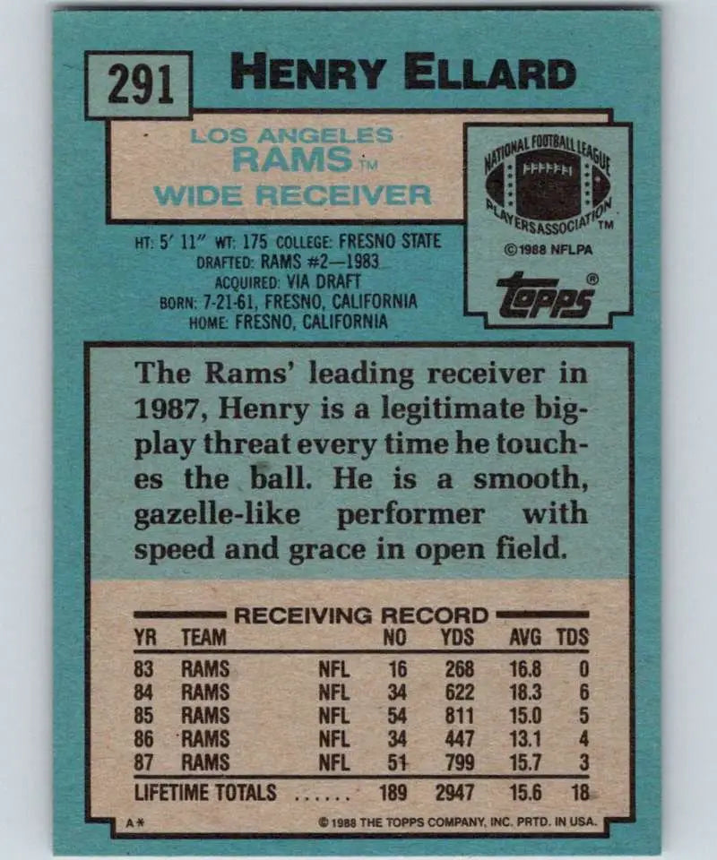 1988 Topps #291 Henry Ellard EX Excellent Los Angeles Rams Football Card - Football Card Single