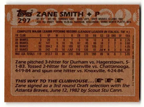 Original gloss Zane Smith Atlanta Braves baseball card from 1988 Topps #297