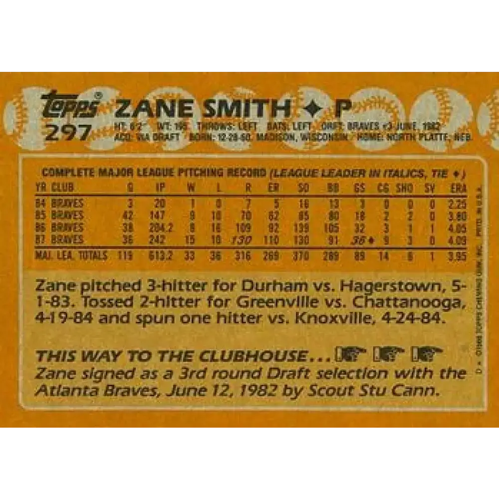 1988 Topps #297 Zane Smith NM-MT Atlanta Braves Baseball Card - Baseball Card Single