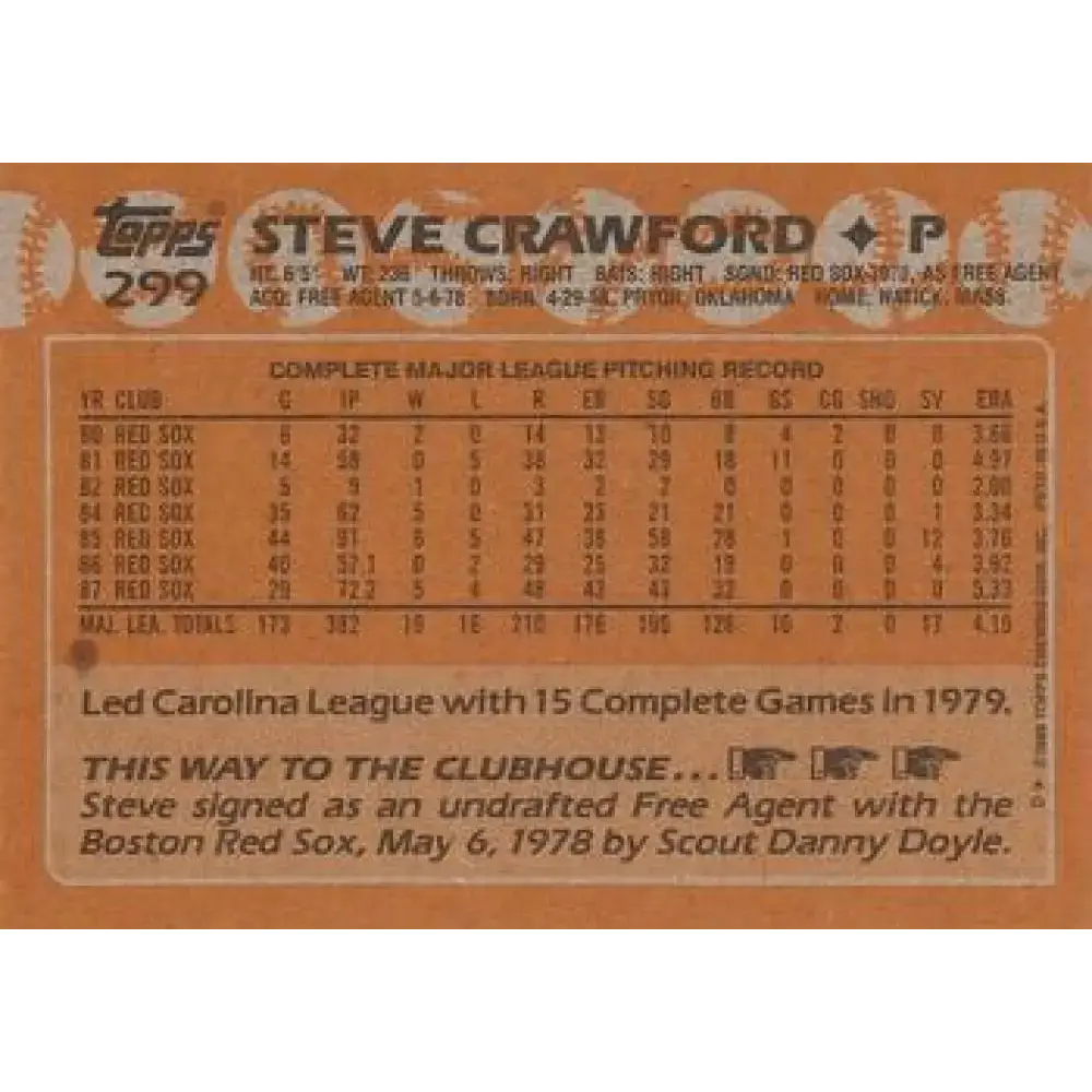1988 Topps #299 Steve Crawford NM-MT Boston Red Sox Baseball Card - Baseball Card Single