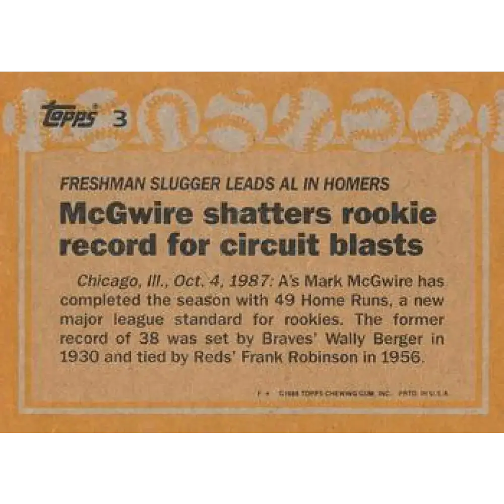 1988 Topps #3 Mark McGwire NM-MT Oakland Athletics Baseball Card - Baseball Card Single