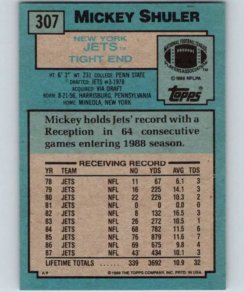 1988 Topps #307 Mickey Shuler EX Excellent New York Jets Football Card - Football Card Single