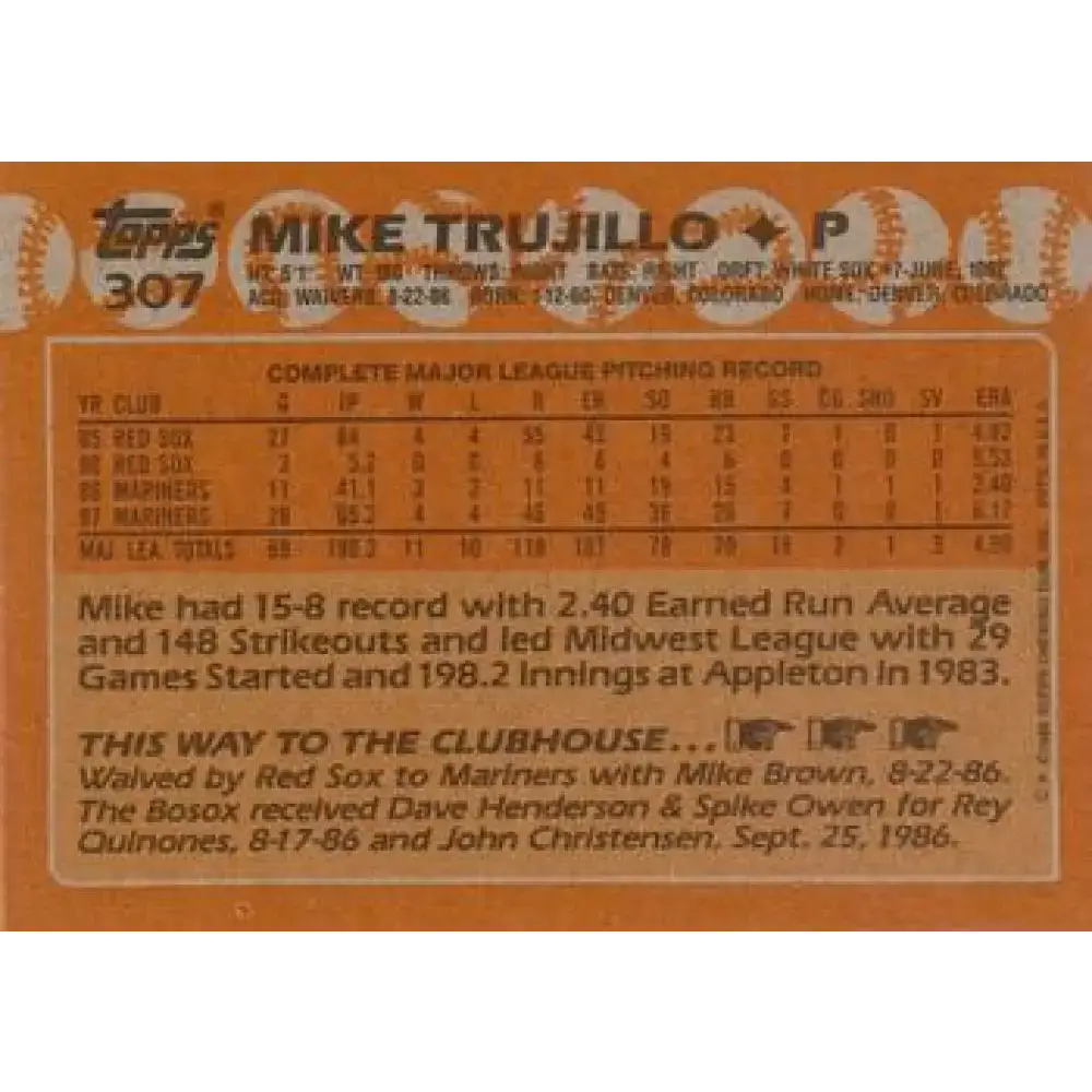 1988 Topps #307 Mike Trujillo NM-MT Seattle Mariners Baseball Card - Baseball Card Single