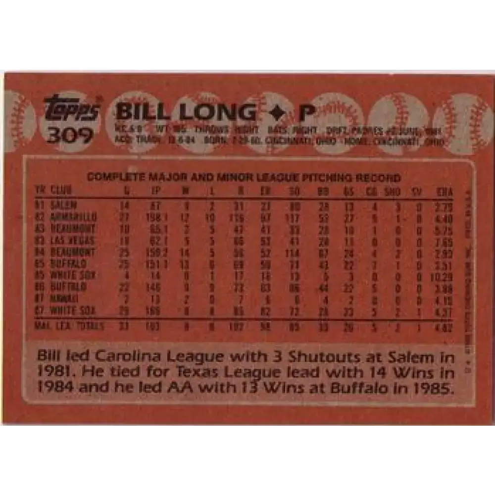 1988 Topps #309 Bill Long NM-MT RC Rookie Chicago White Sox Baseball Card